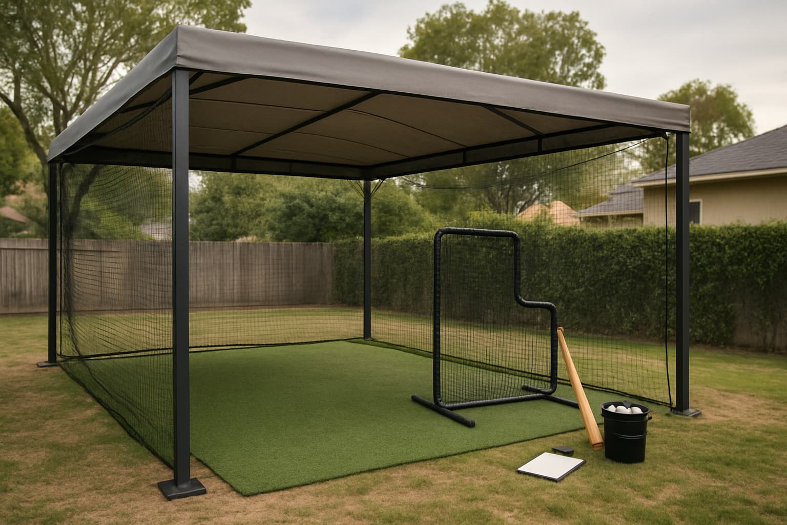 Covered backyard batting cage with turf, netting, and training equipment.