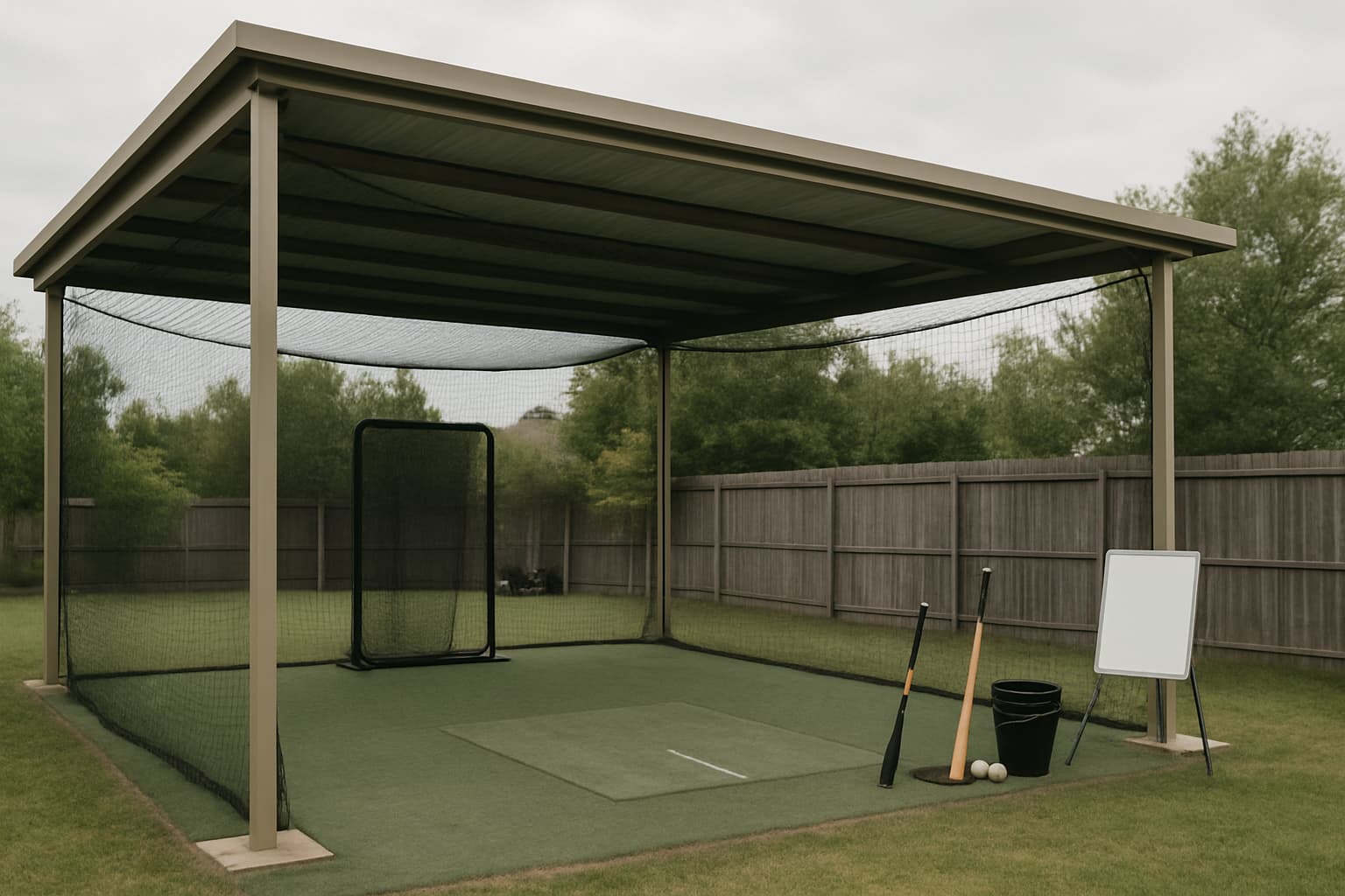 Covered batting cage with turf, netting, and equipment organized nearby.