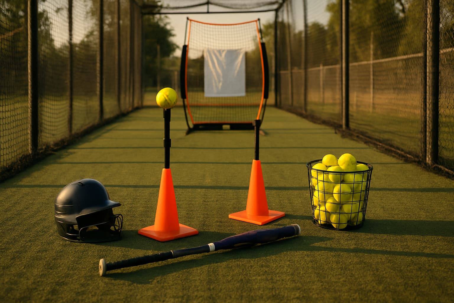 Softball drill station with tees, cones, helmet, bat, and a basket of yellow softballs.