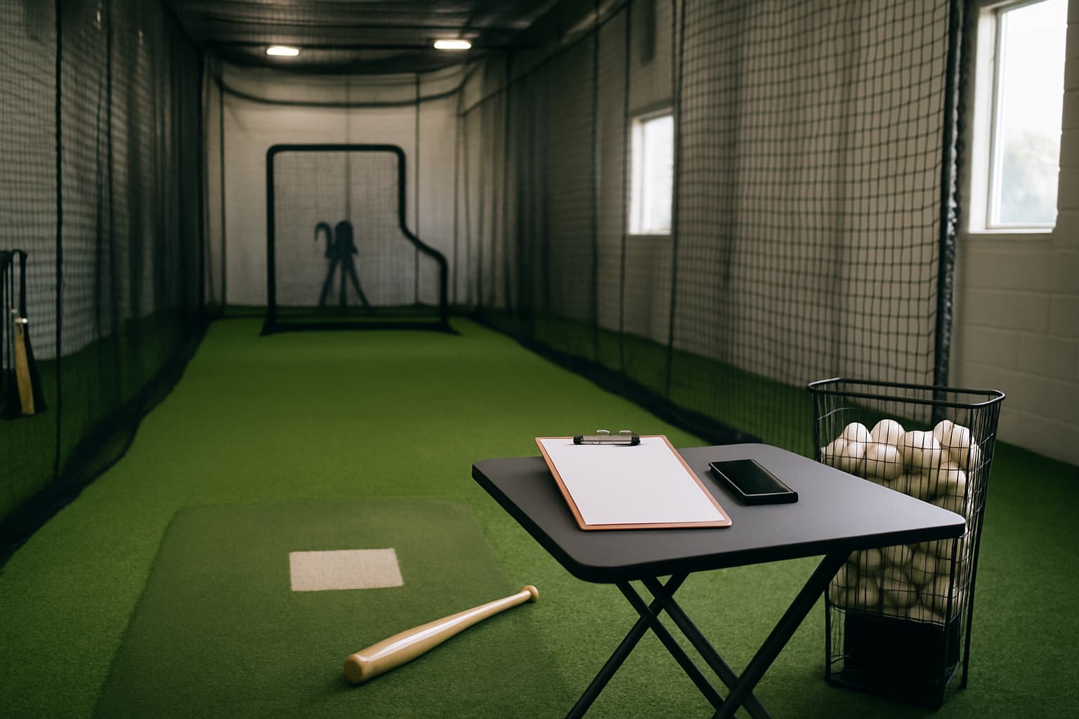 A well-organized batting cage with turf, netting, a clipboard, and a basket of balls.