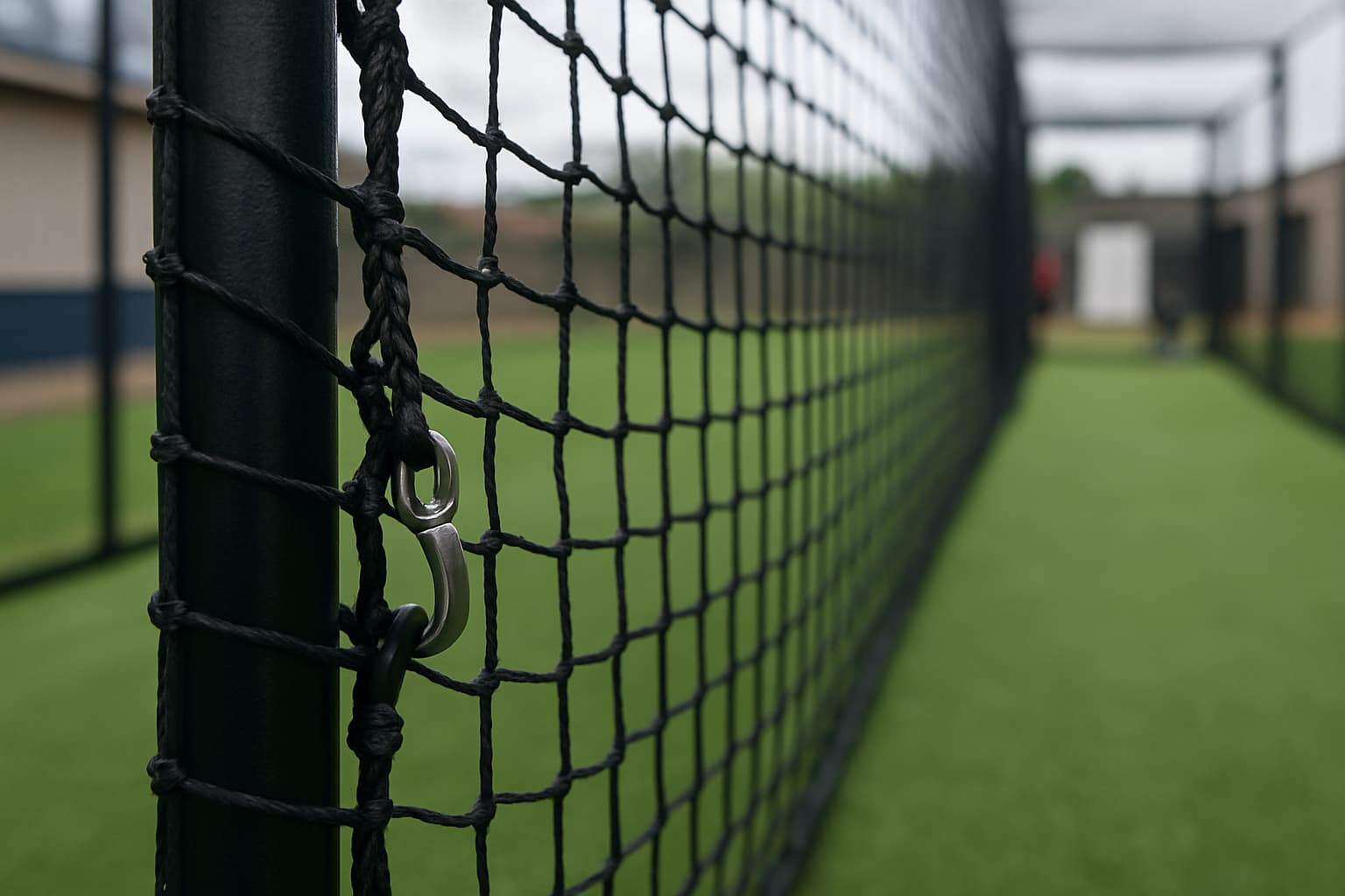 Close-up of batting cage netting and frame hardware with turf below.
