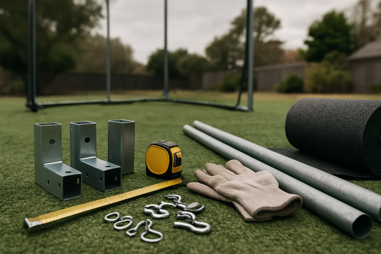 Construction materials for a batting cage on turf, including brackets, tape, and gloves.