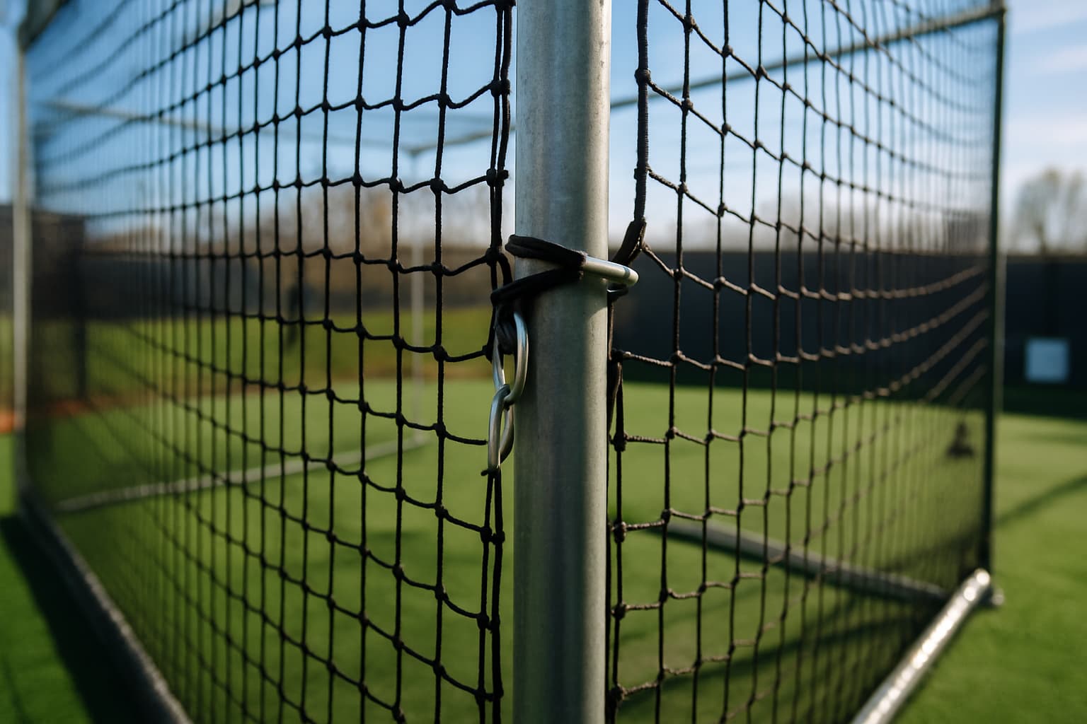 Close-up of batting cage netting and frame hardware with turf below.