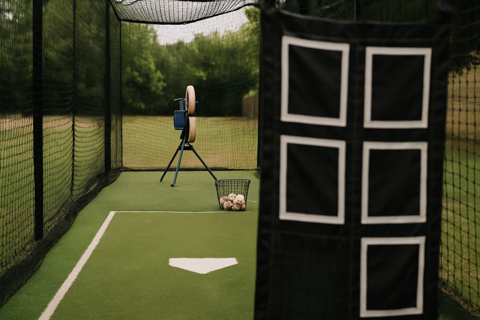 A three-wheel JUGS-style pitching machine positioned in a batting cage.