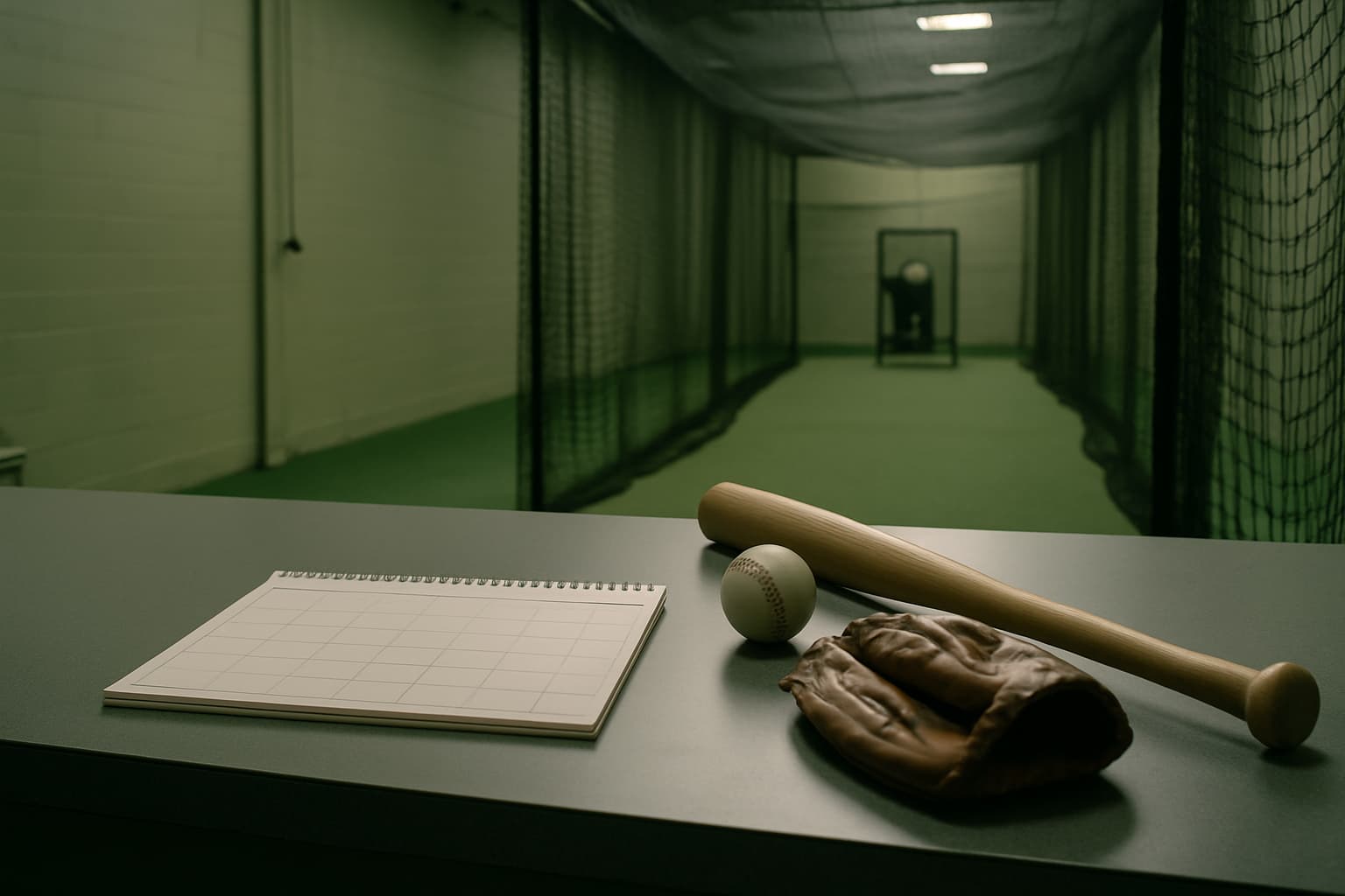 Empty facility counter with a blank calendar, baseball gear, and an empty cage lane in the background.