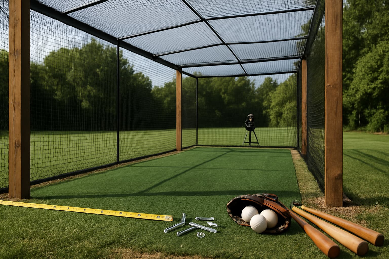A covered batting cage with turf, netting, and baseball gear, showcasing a safe training environment.