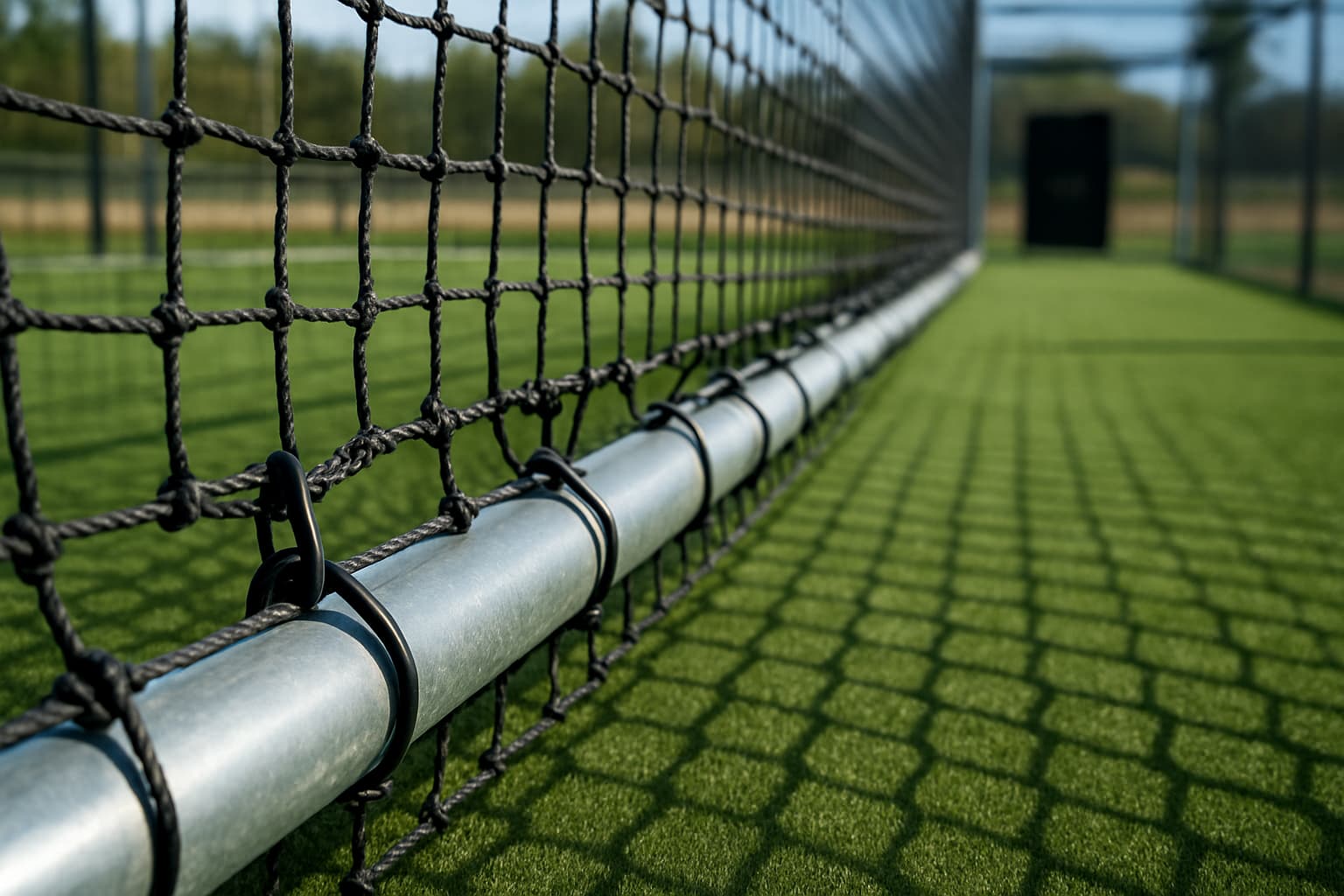 Close-up of batting cage netting and frame hardware on clean turf.