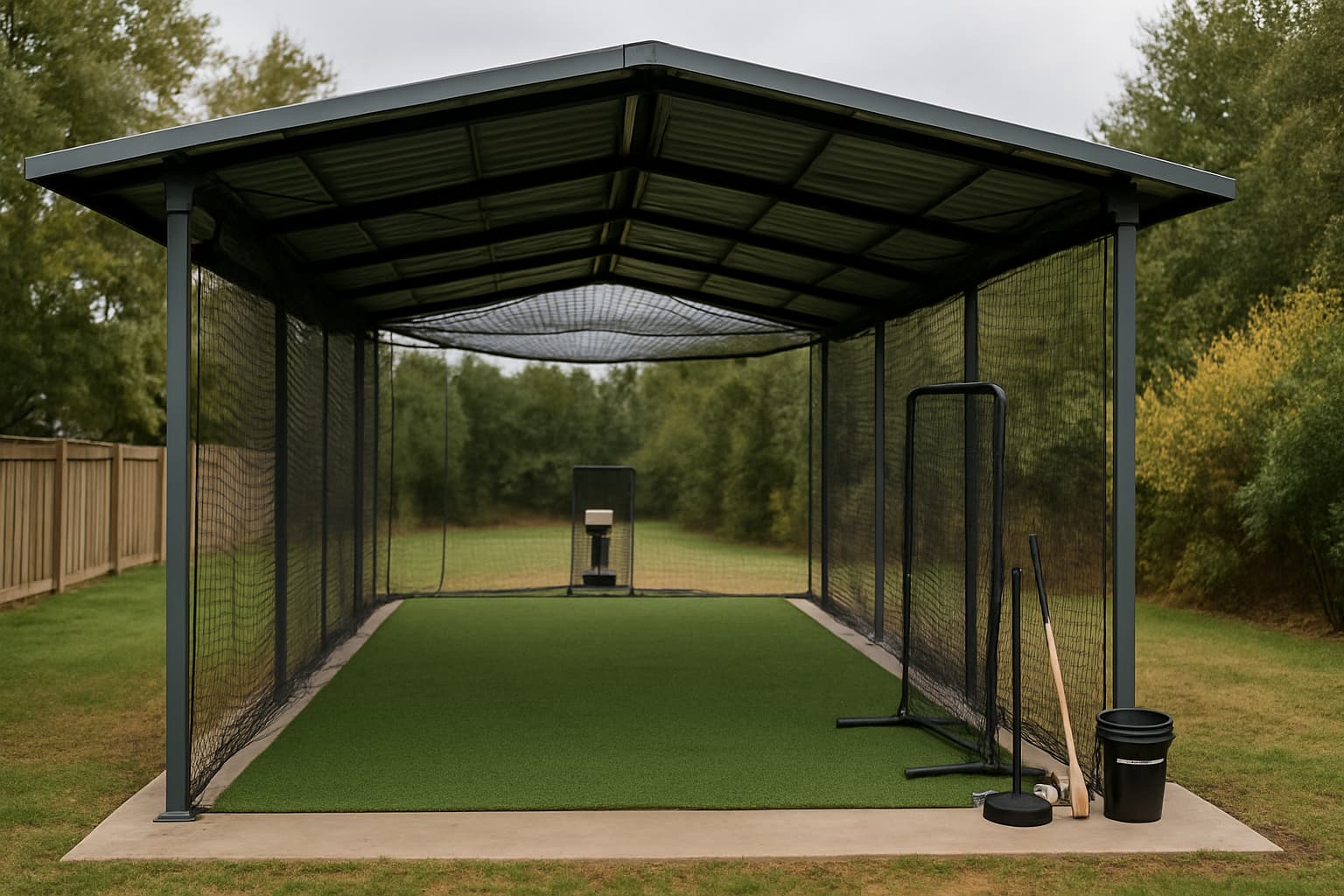 Covered backyard batting cage with turf, netting, and equipment organized nearby.