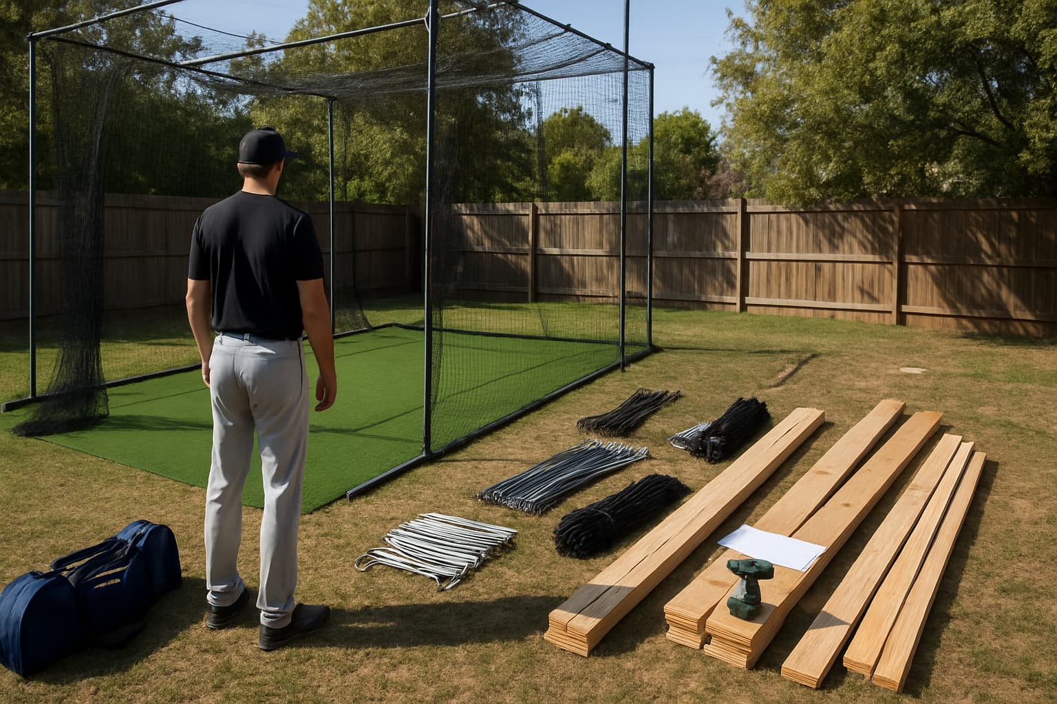A person stands calmly outside a backyard batting cage with construction materials staged nearby.