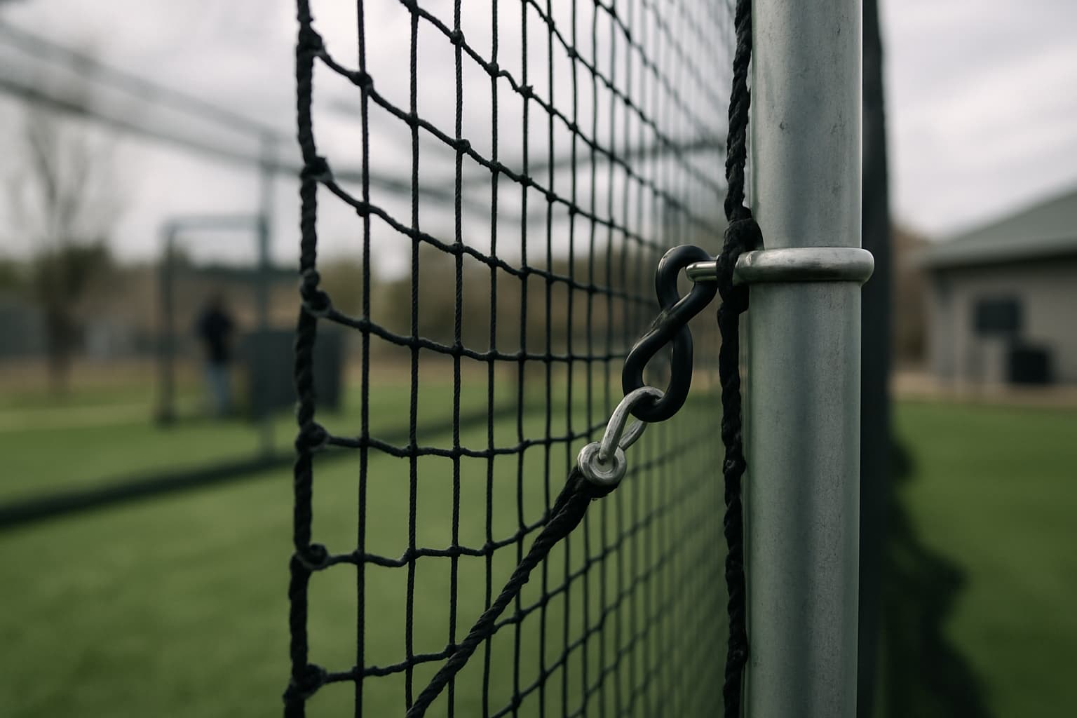 Close-up of batting cage netting attached to frame hardware with turf below.