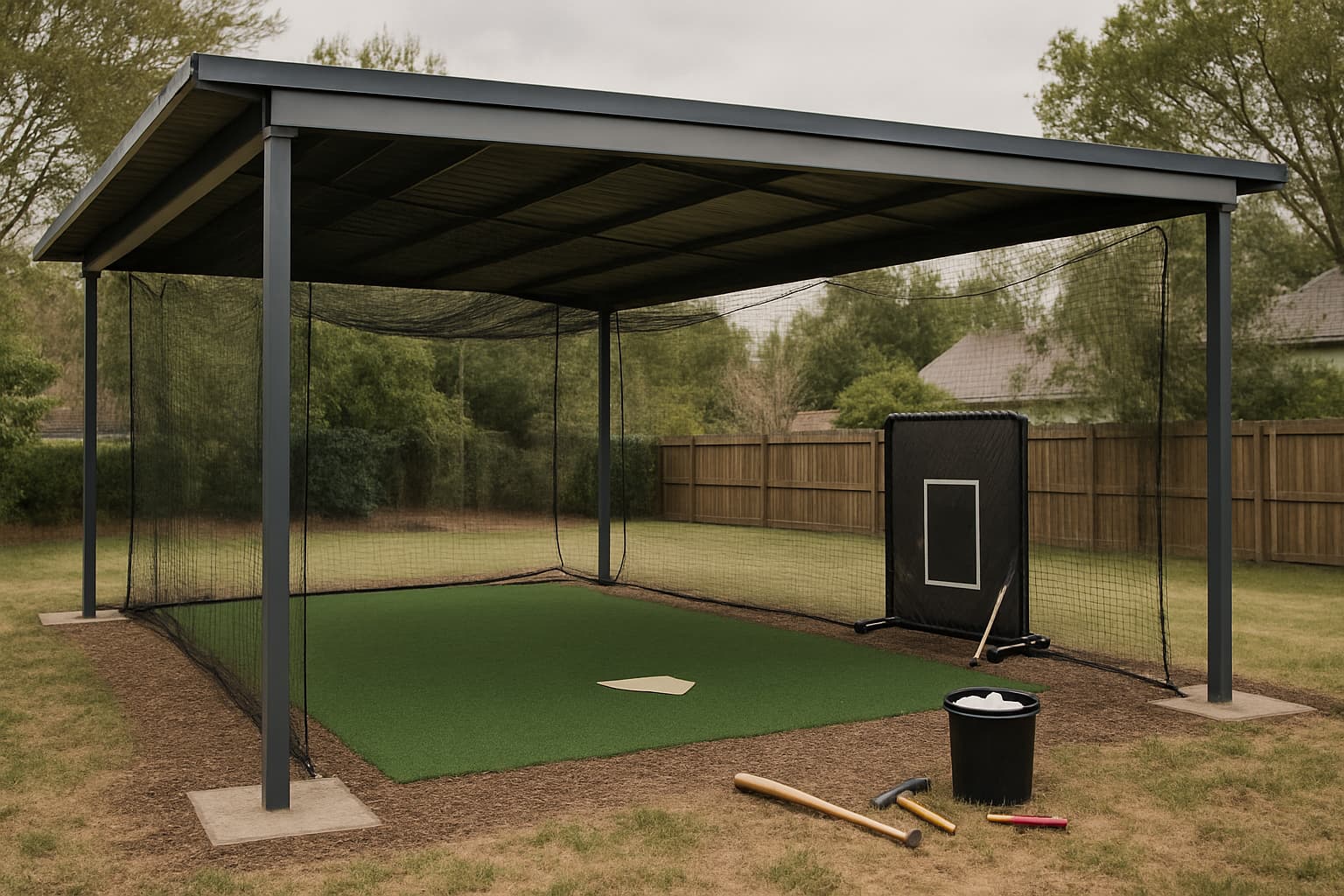 Covered batting cage with turf, tools, and netting in a backyard setting