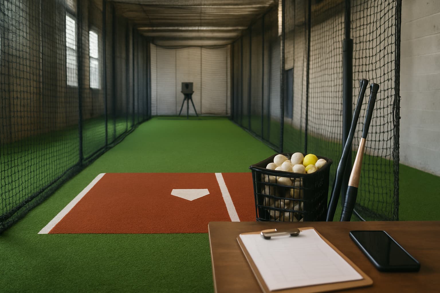 Interior of a batting cage with clean turf, netting, and organized equipment.