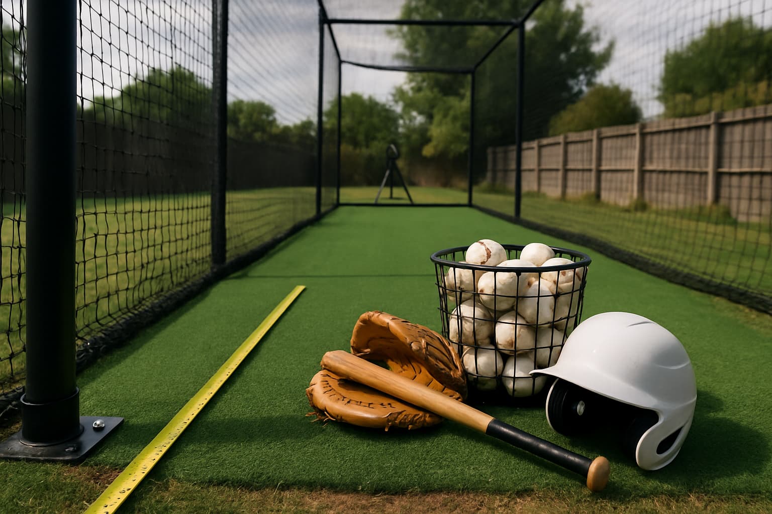 Backyard batting cage with organized gear: helmet, bat, glove, balls, and measuring tape.