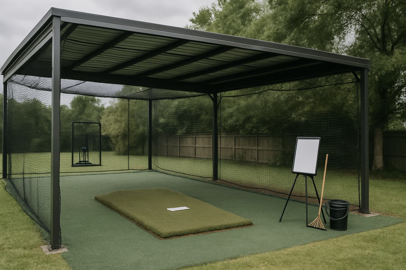 Covered batting cage with pitching mound, netting, and tools in a natural setting.
