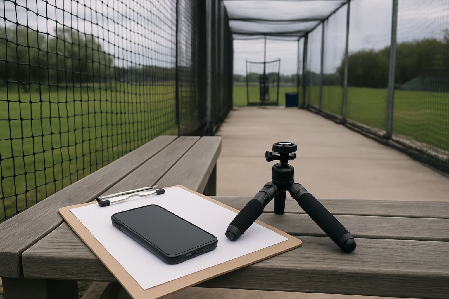 A phone, clipboard, and tripod on a bench beside a baseball cage entrance.