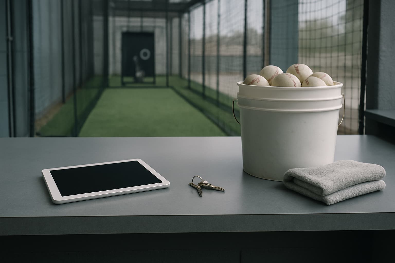 Operations counter with a tablet, keys, ball bucket, and towel, cage visible in the background.