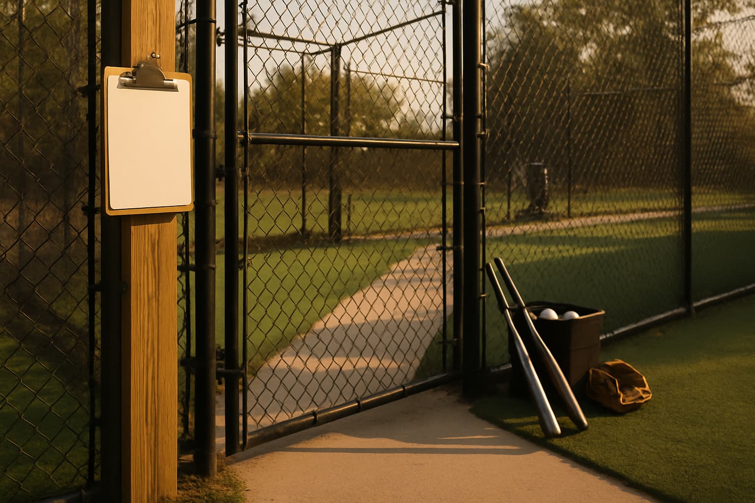 Tidy cage entrance with a clipboard, bats, and a ball bucket in warm light.