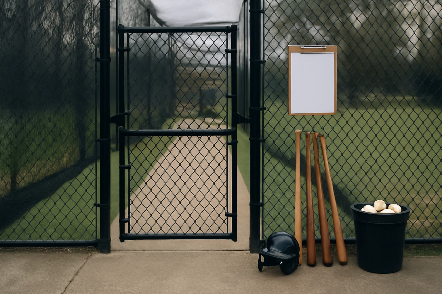 Entrance to a batting cage with a clipboard, bats, and a bucket of balls.
