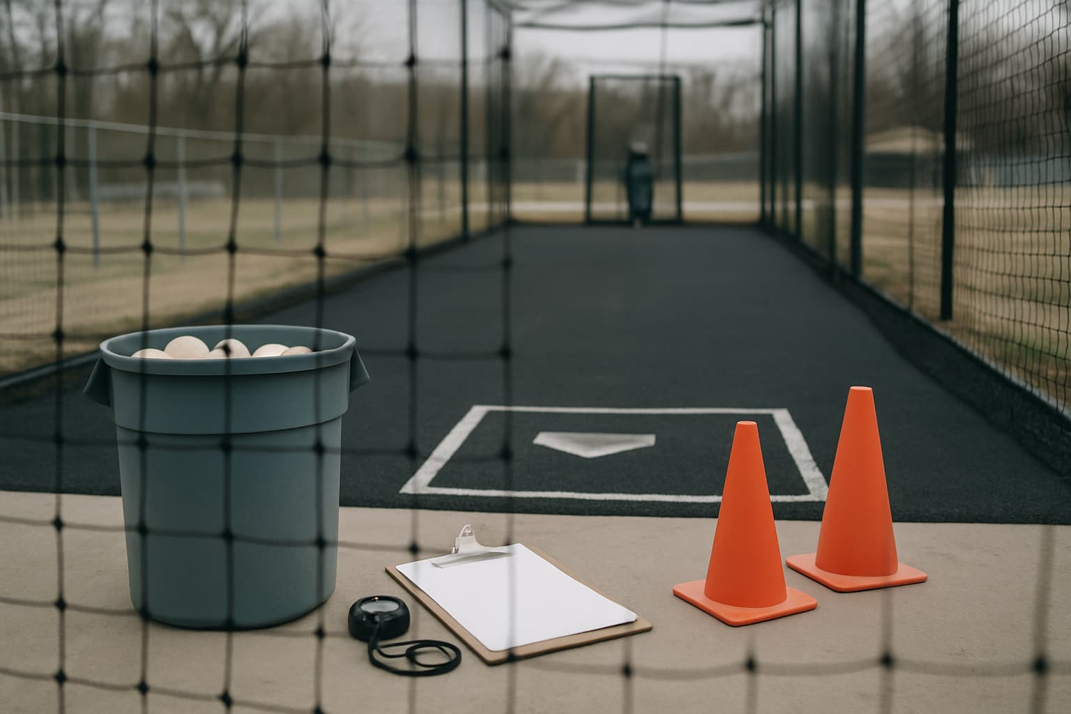 Practice setup in a baseball cage with a bucket of balls, cones, and a clipboard.