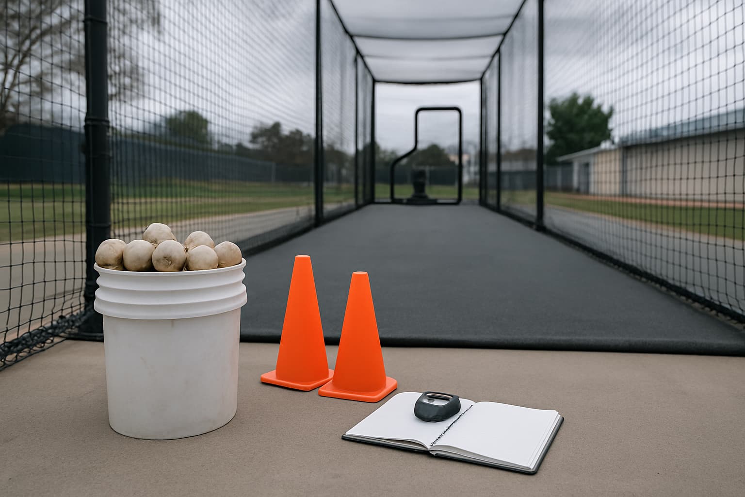 Empty batting cage with a bucket of balls, cones, and a notebook for practice planning.