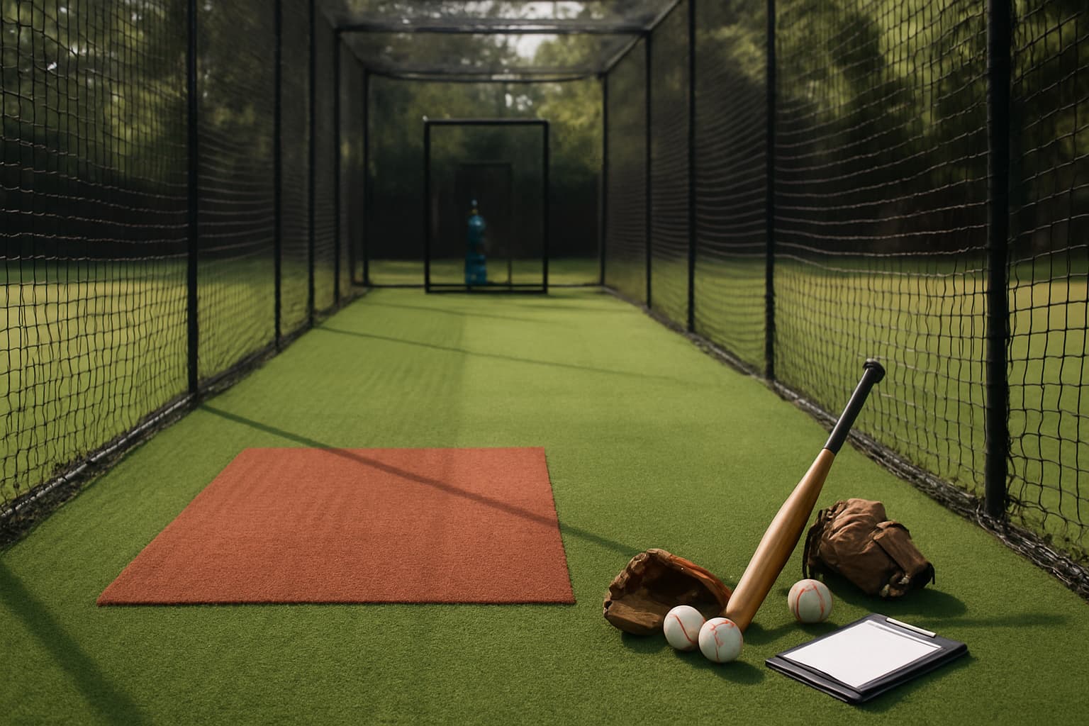 Batting cage interior with turf, equipment, and clipboard for bookings.