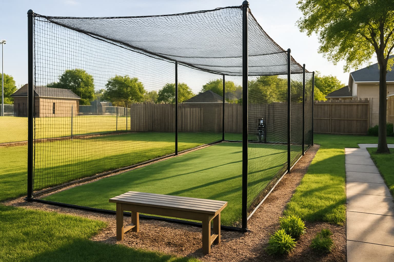 Backyard batting cage with clean turf and a bench, set in a suburban environment.