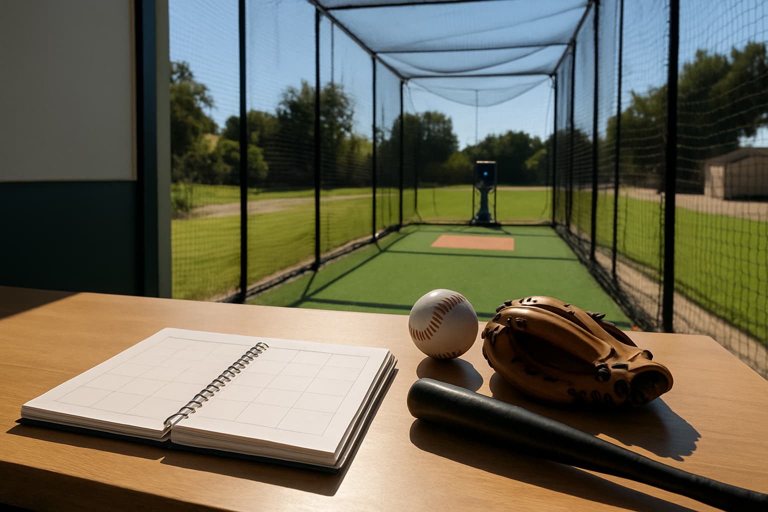 A clean facility counter with a notebook, baseball, glove, and bat, overlooking an empty batting cage.