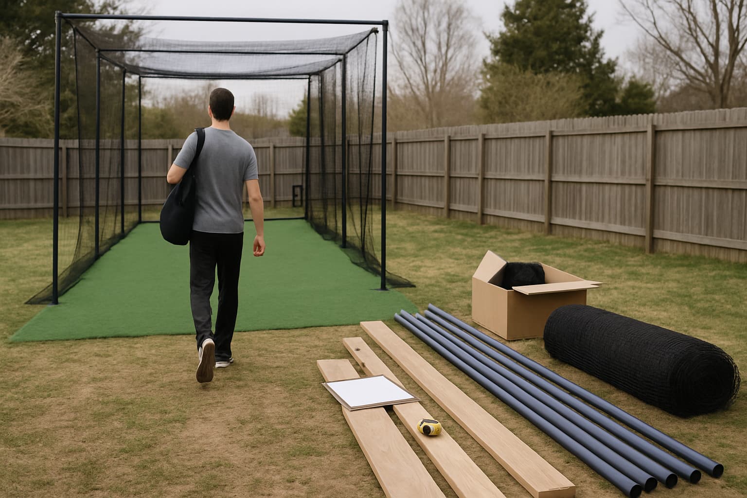 A person walks toward a batting cage under construction, carrying a bat bag, with building materials staged nearby.