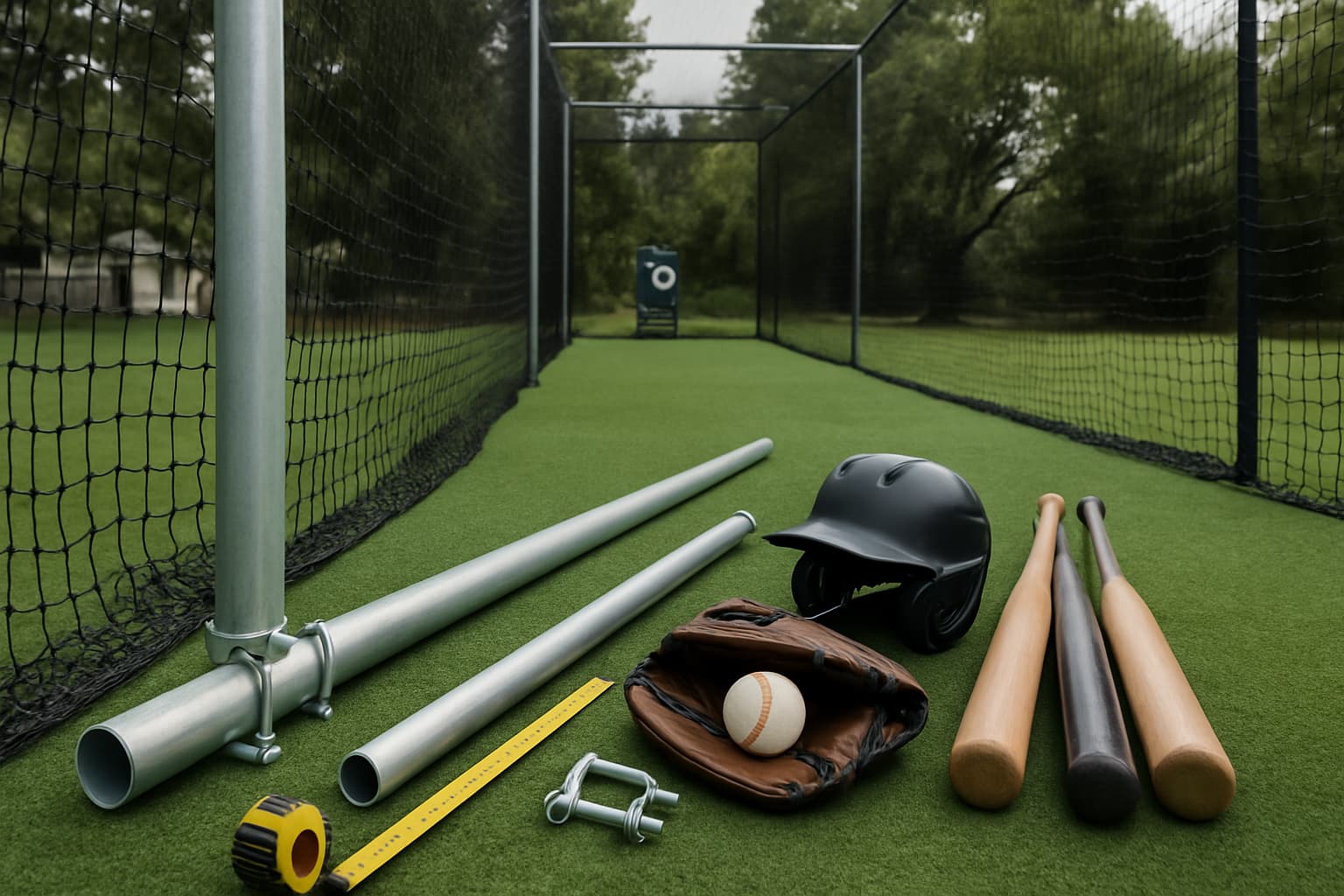 Backyard batting cage setup with equipment including bats, helmet, glove, and measuring tape.