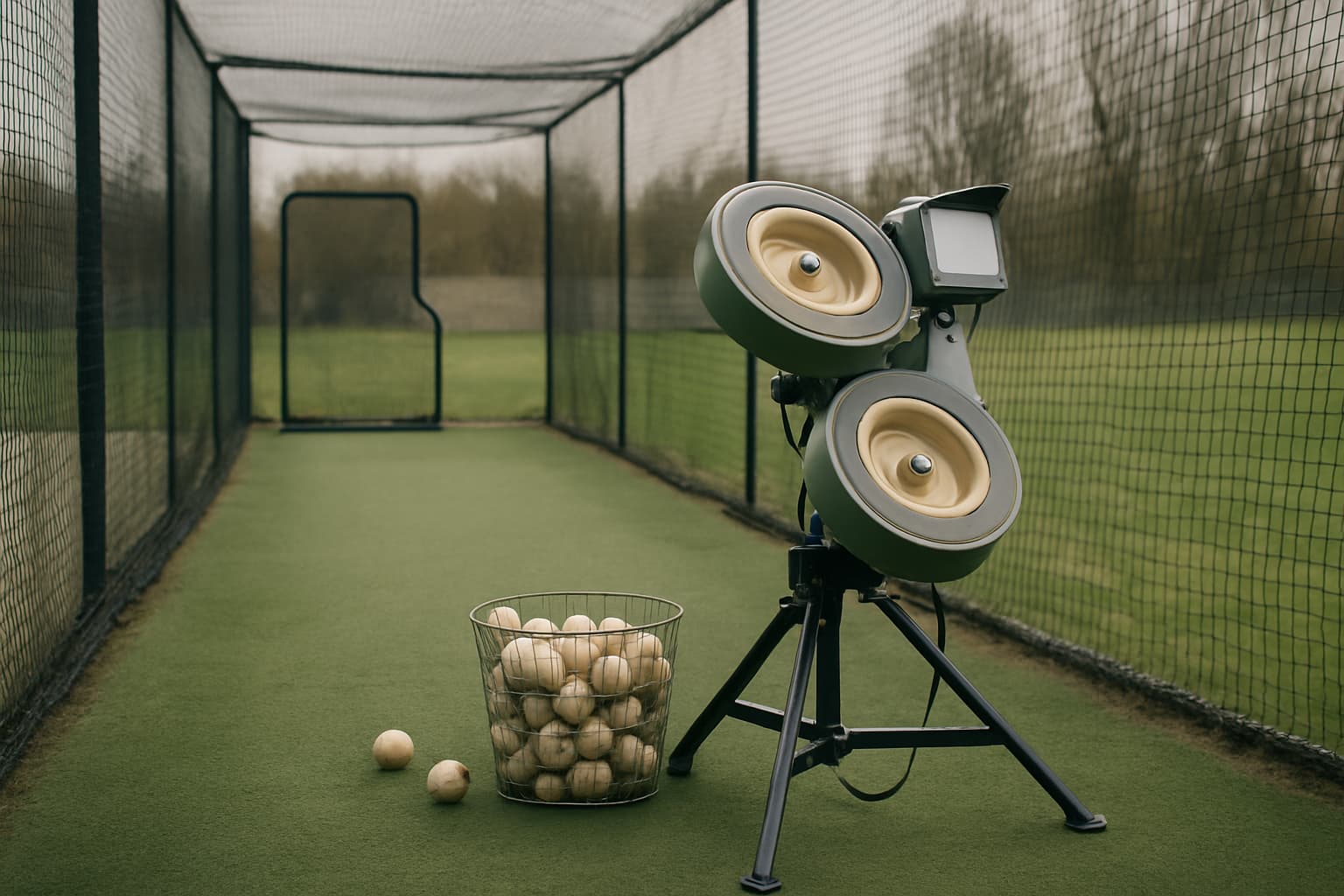 A youth baseball player standing in a batting cage in front of a compact pitching machine.