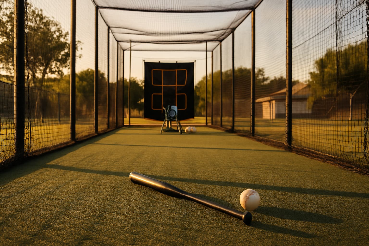 A baseball bat and ball staged in an empty batting cage with a pitching machine in the background.