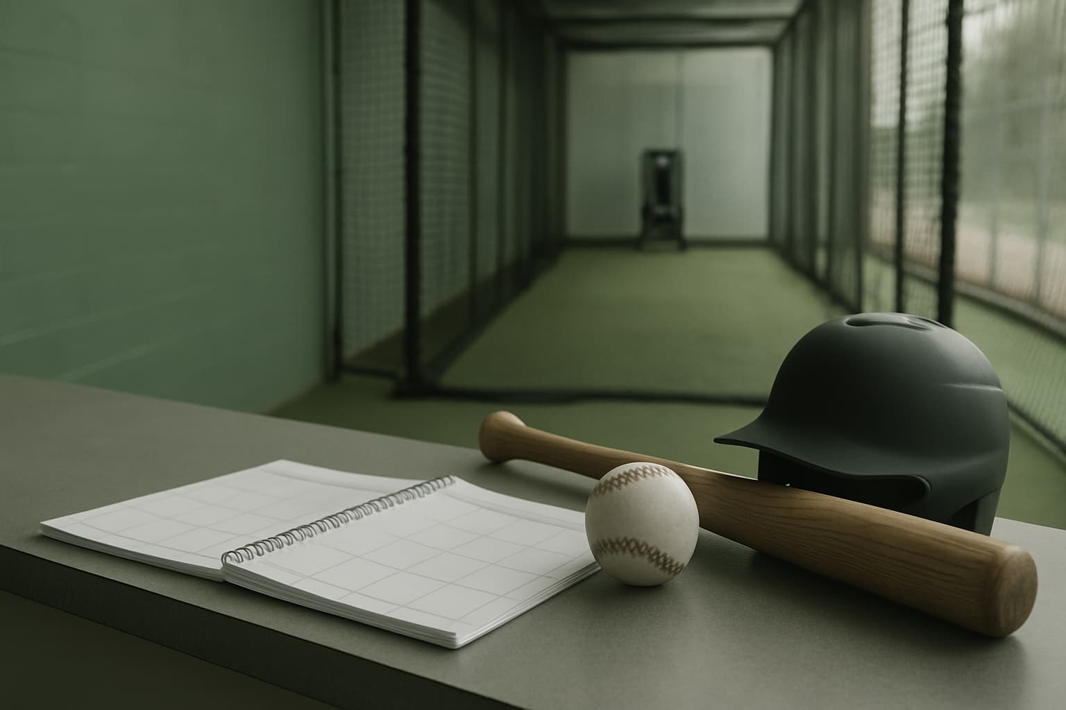 Booking materials and baseball gear on a counter with an empty batting cage in the background.