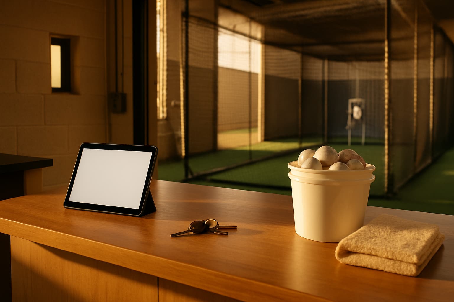 Operations counter with a tablet, keys, ball bucket, and cleaning towel in a batting cage facility.