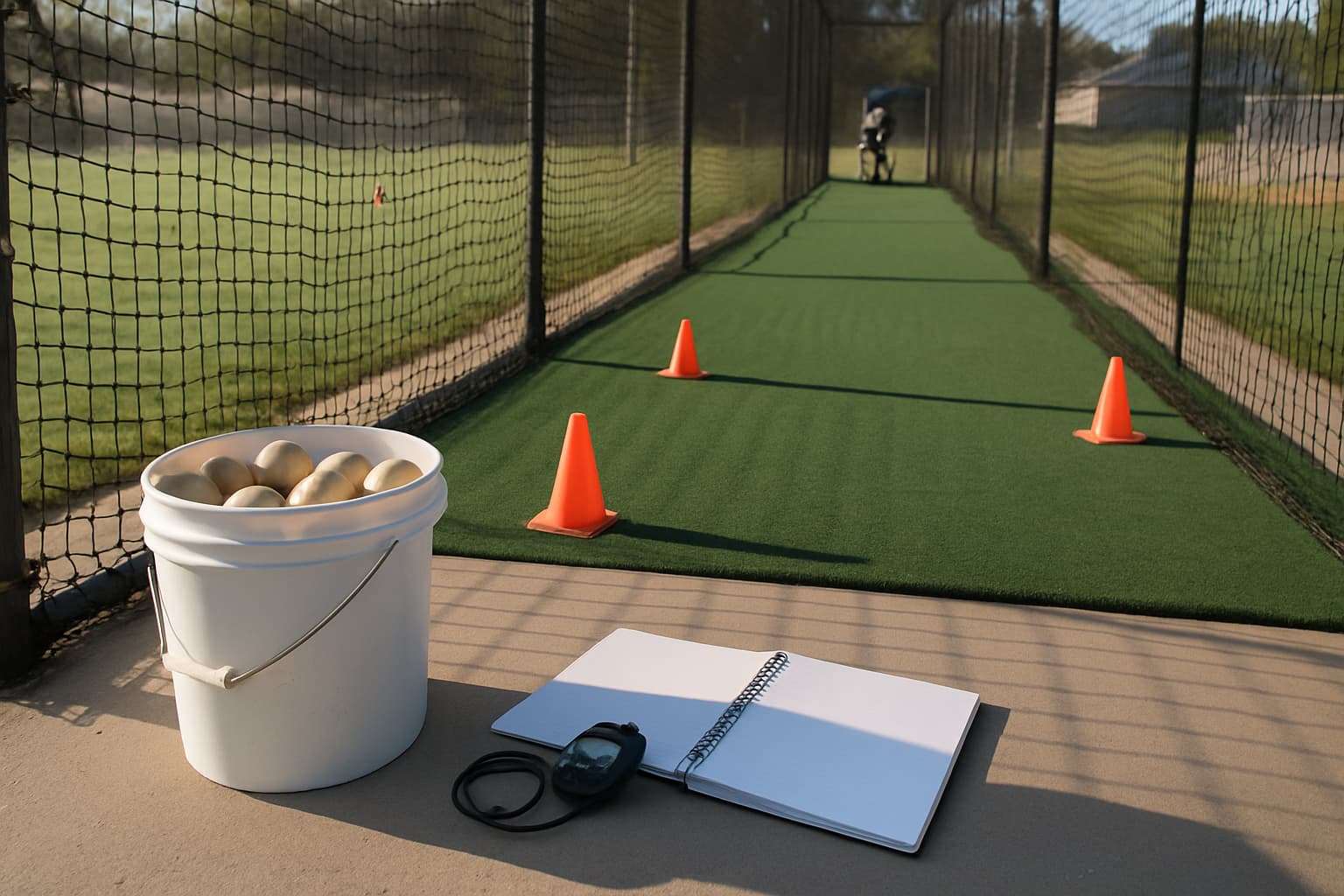 A baseball training setup with a bucket of balls, cones, and a notebook in an empty cage.