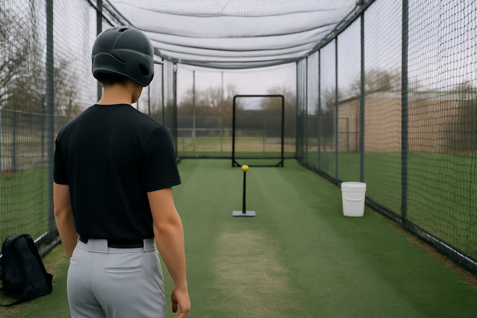 A player in a batting cage, calmly observing a tee with a ball, wearing a helmet and black shirt.