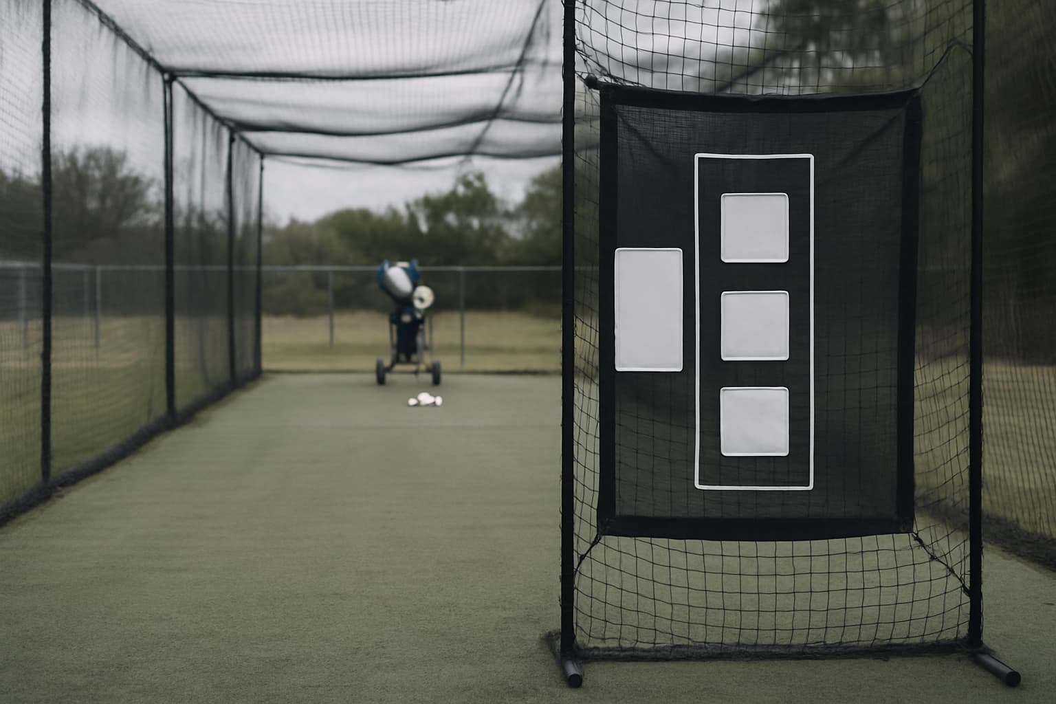 Empty batting cage with a pitching machine and target zones on the net.