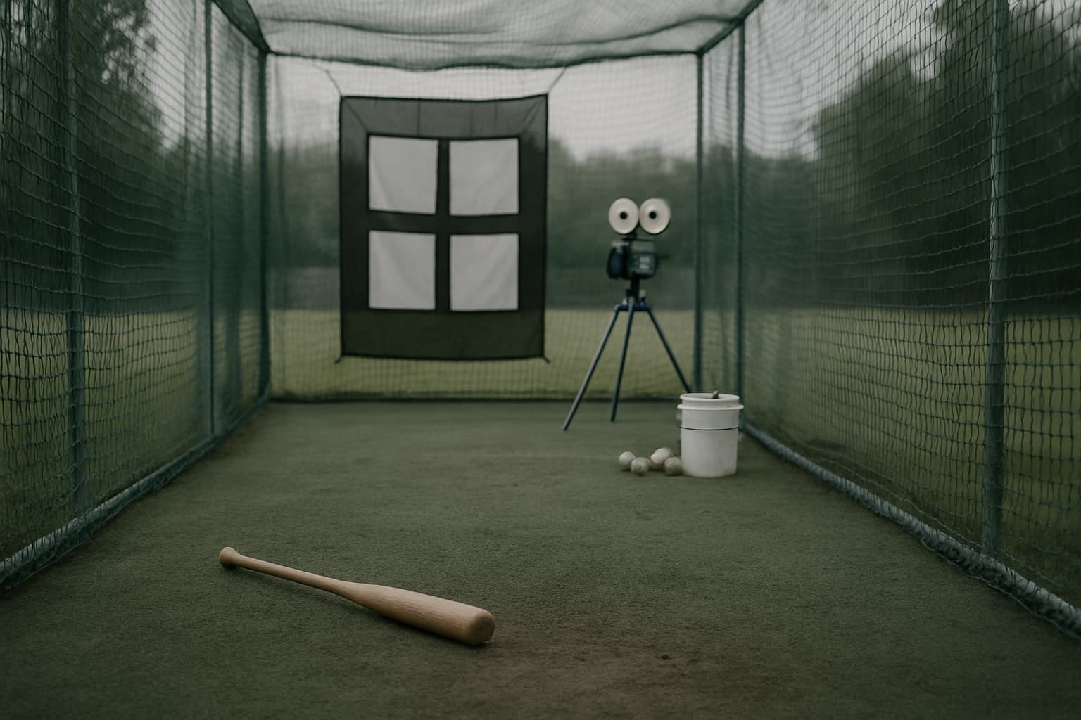 Empty batting cage with a pitching machine and target zones, featuring a bat and balls staged nearby.