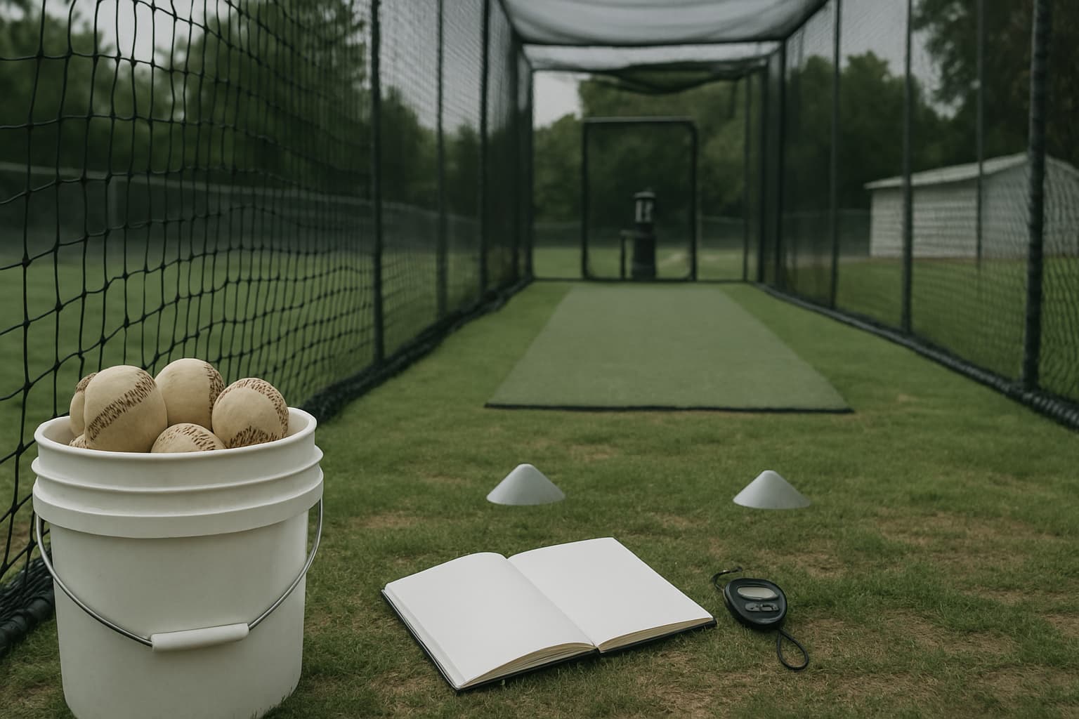 A baseball training setup with a bucket of balls, a stopwatch, and a notebook in an empty cage.