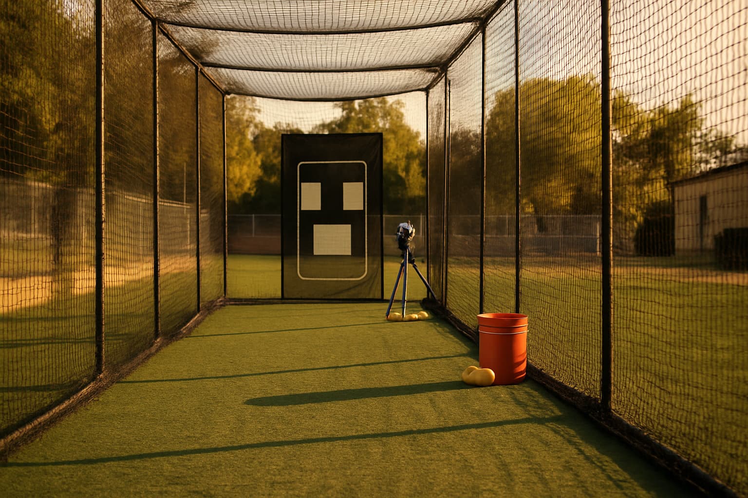 Empty batting cage with a pitching machine and target zones, staged balls, warm afternoon light.