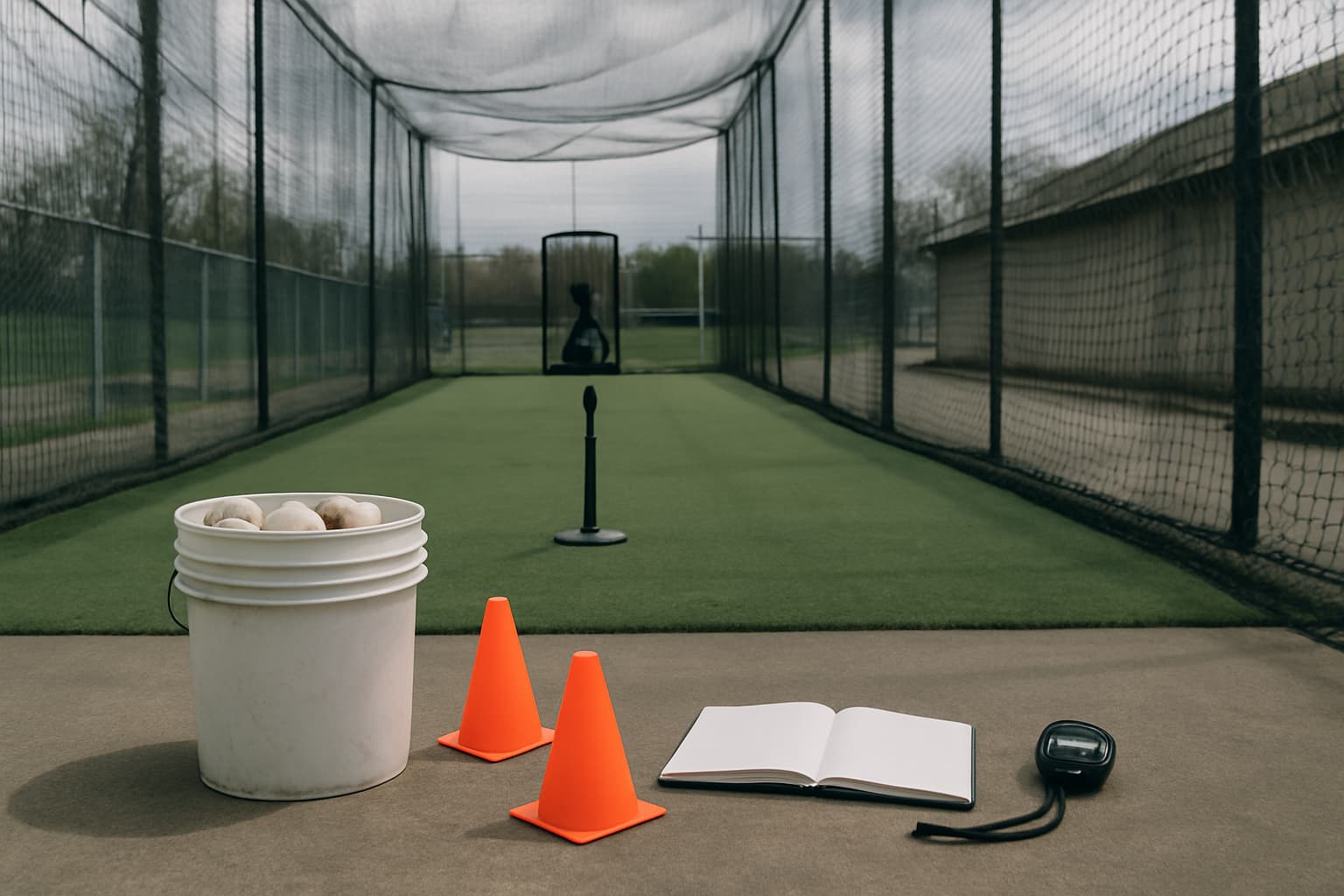 A baseball practice setup with a bucket of balls, cones, a notebook, and a tee in an empty cage.