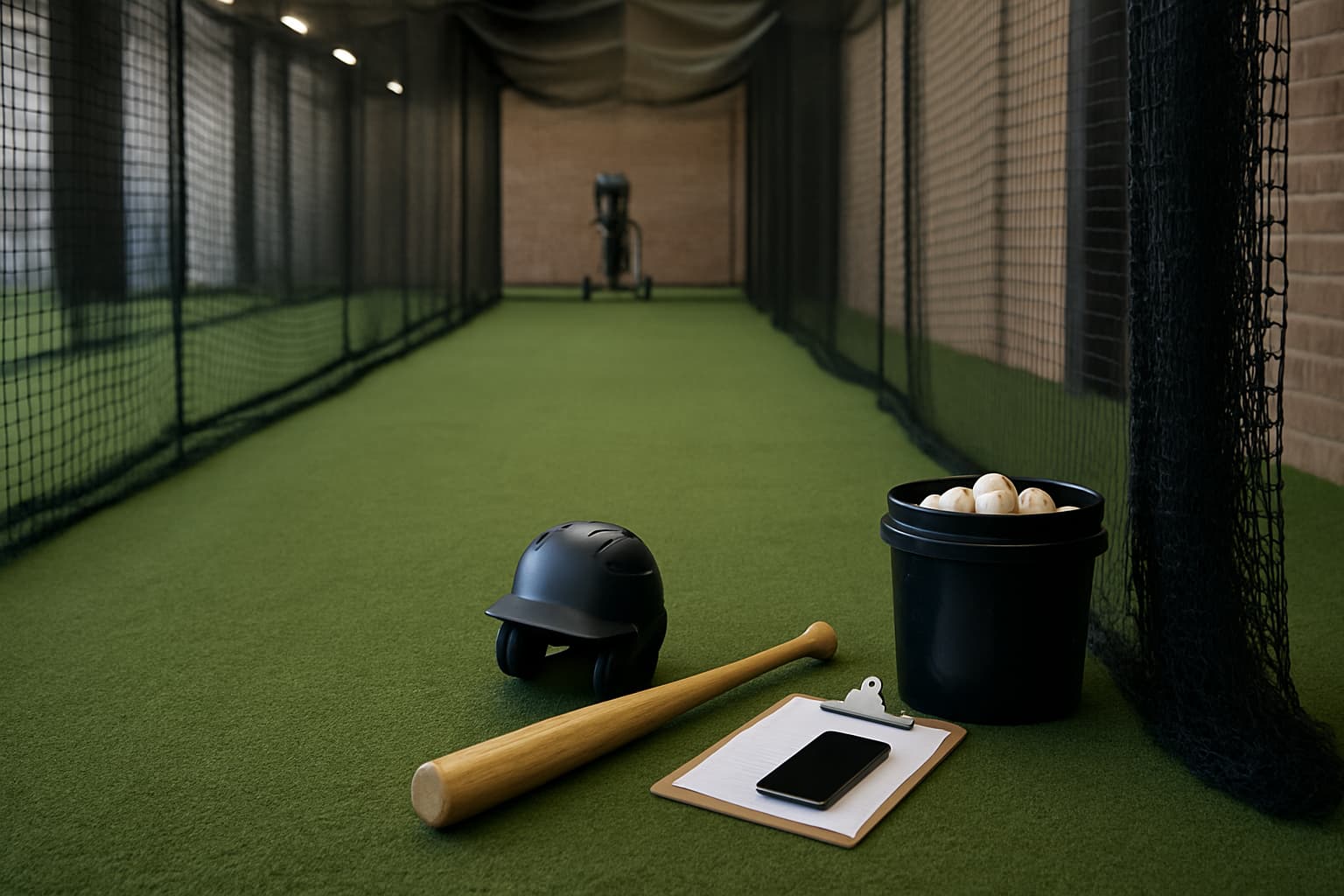 Batting cage interior with helmet, bat, clipboard, and ball bucket on turf.