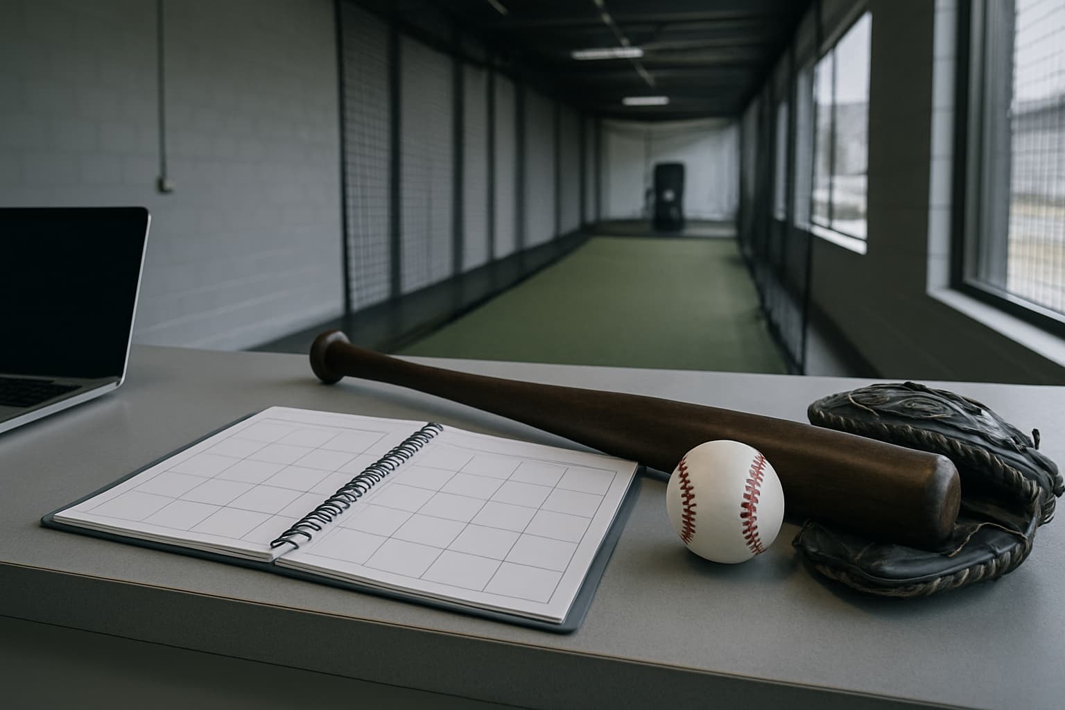A clean facility counter with a blank calendar, baseball gear, and an empty cage lane in the background.