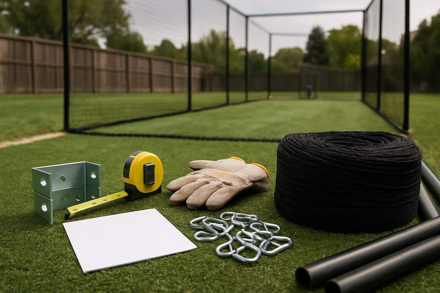 Batting cage build materials on turf: brackets, tape, gloves, and netting.