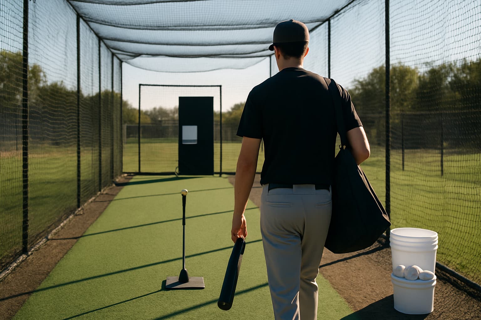 A player walking towards a batting cage with a bat and bag, calm and safe setting.