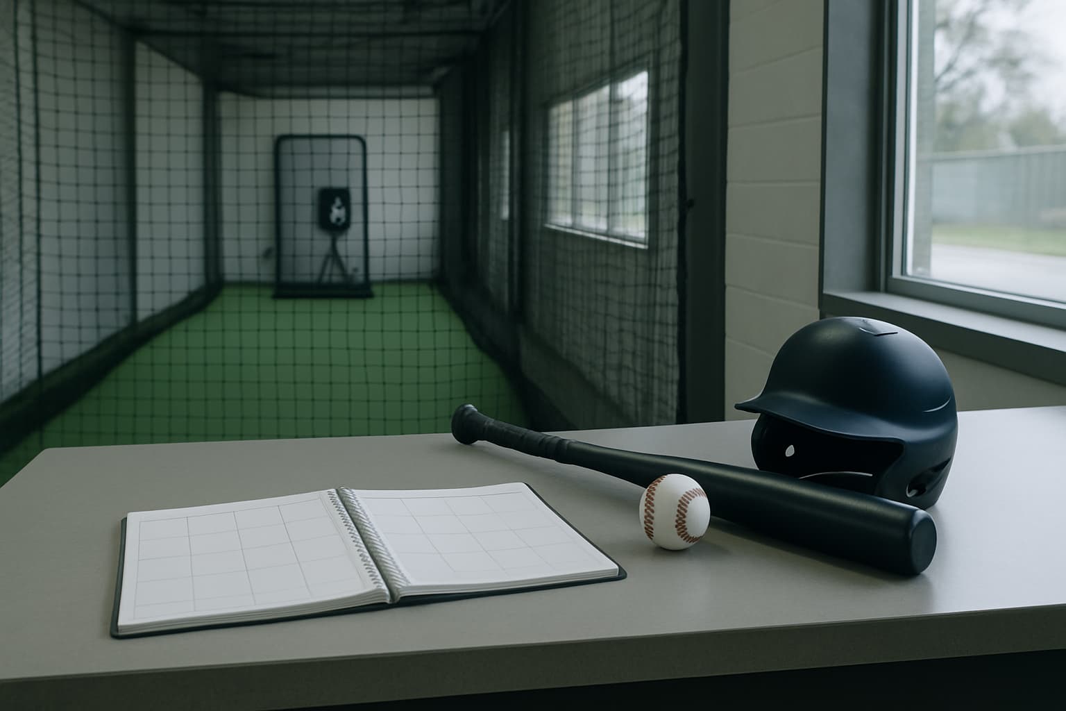 A baseball helmet, bat, and blank calendar on a counter with an empty batting cage in the background.