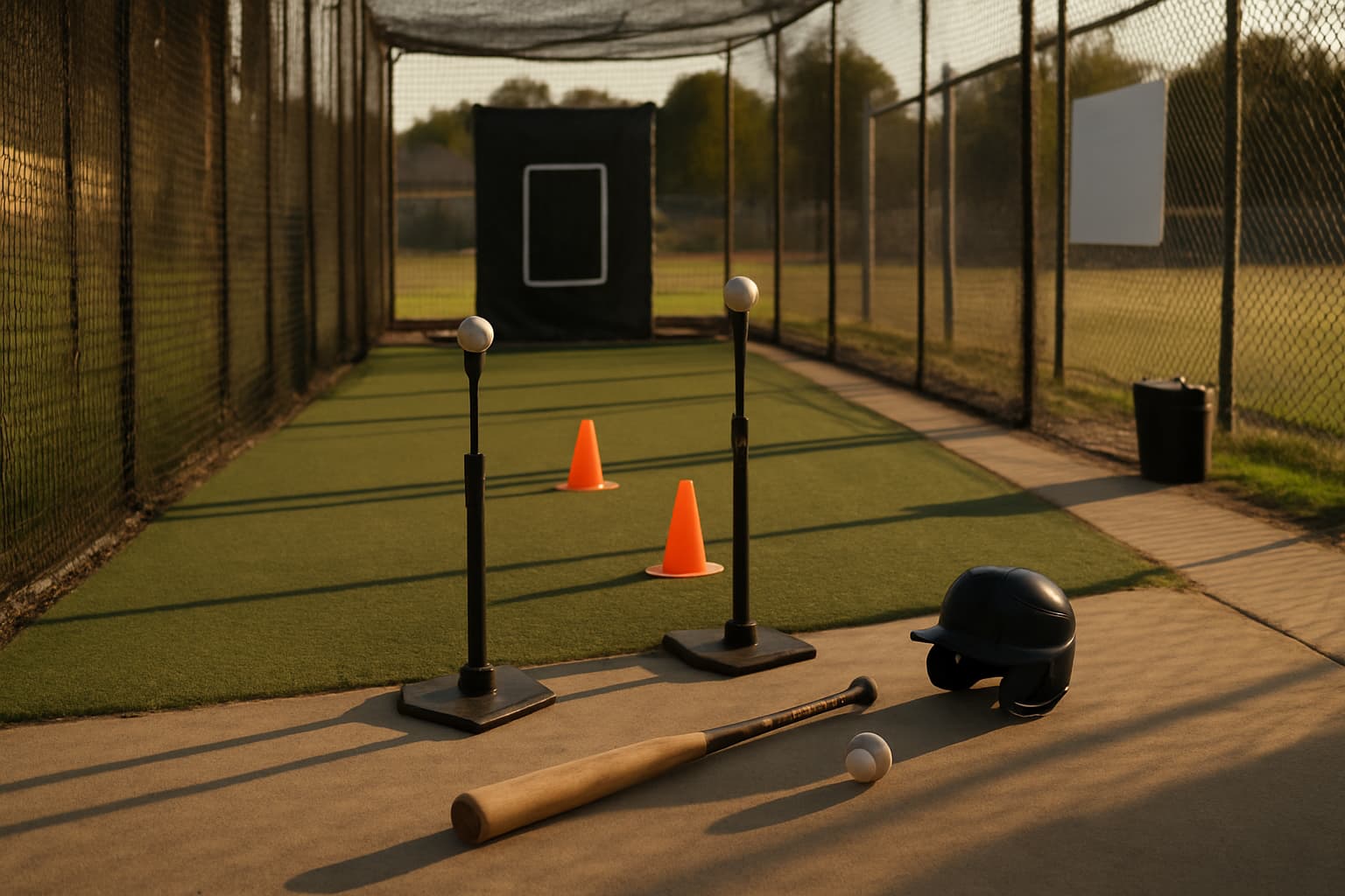 Batting cage drill station with tees, cones, and a target net in warm afternoon light.