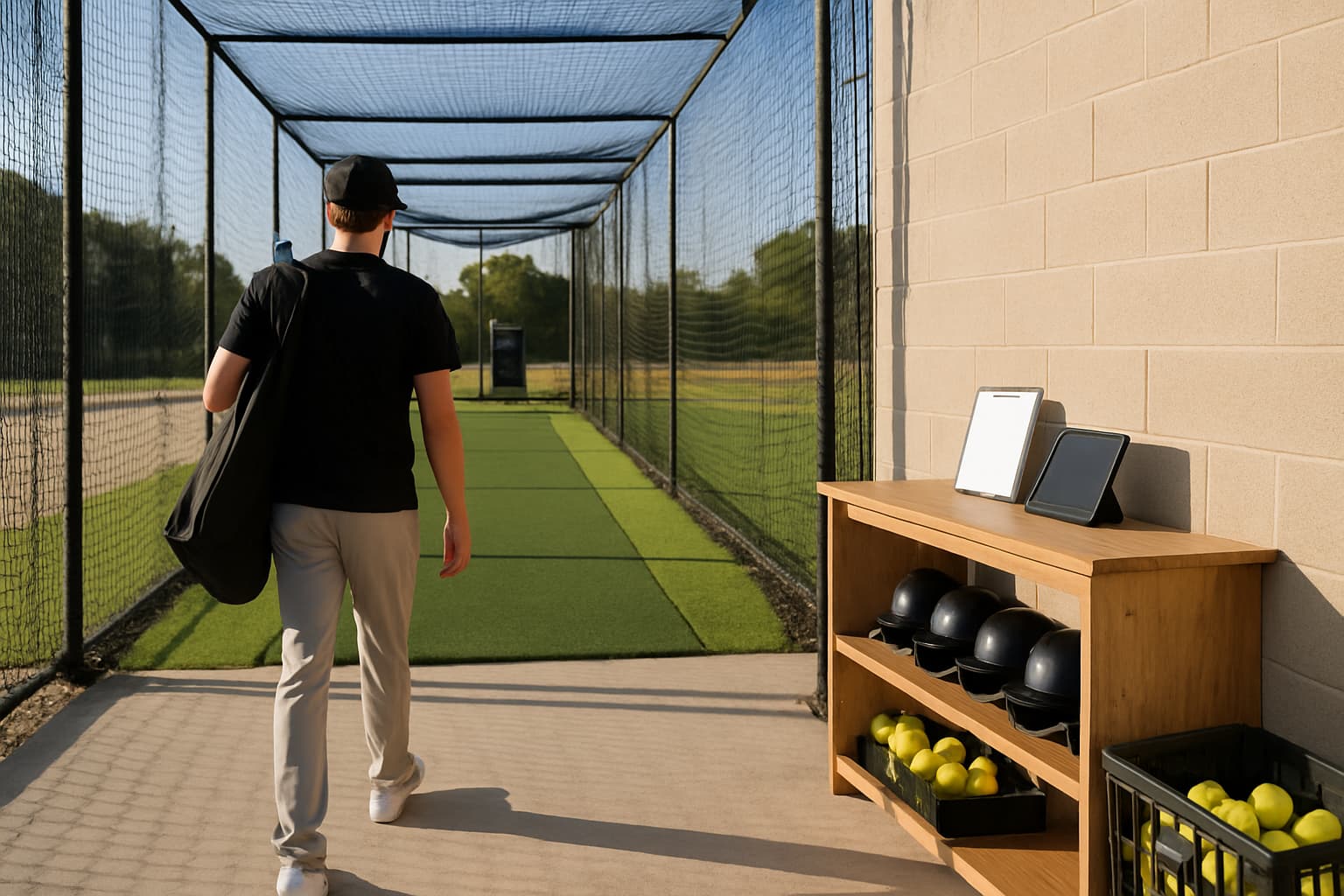 A player walks toward a batting cage entrance, carrying a bat bag, with organized gear visible.