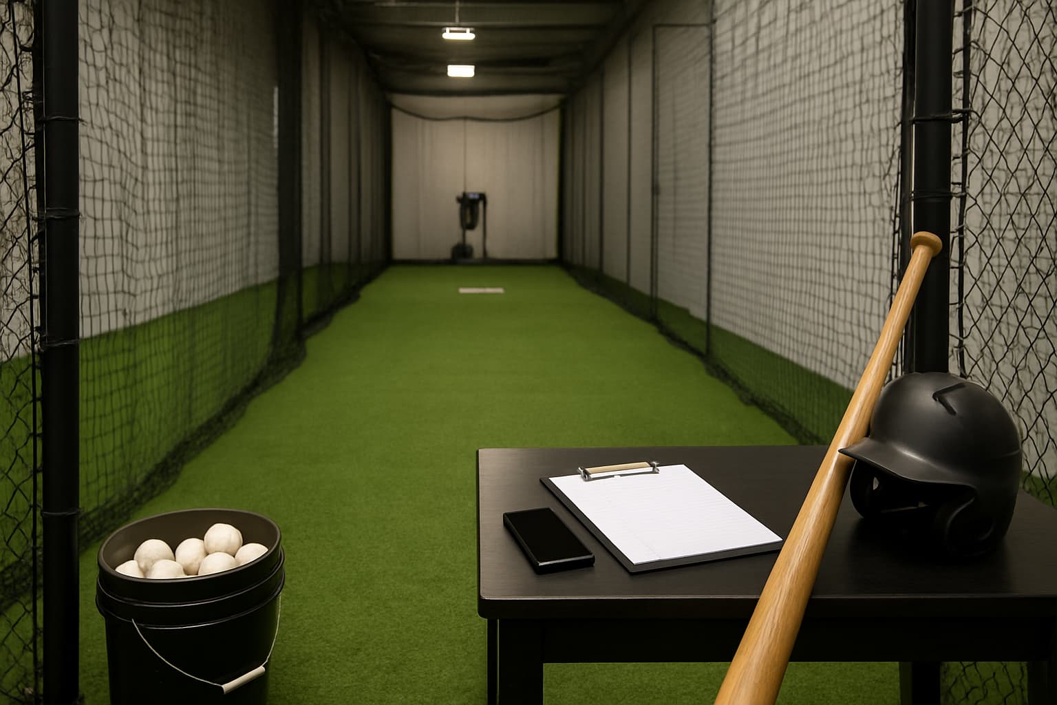 Batting cage setup with turf, netting, and equipment, no active hitters.