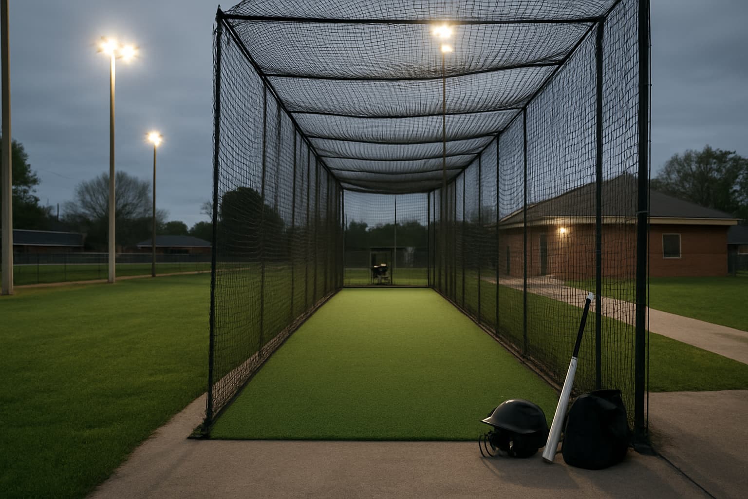 Evening view of an empty batting cage with turf, netting, and safe gear storage.