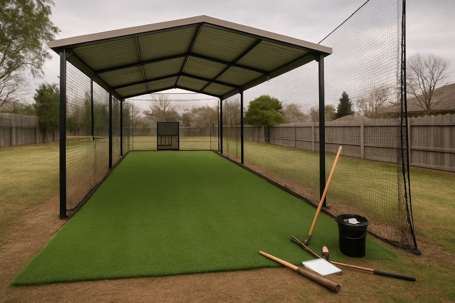 Covered batting cage with dry turf and organized tools in a training environment.
